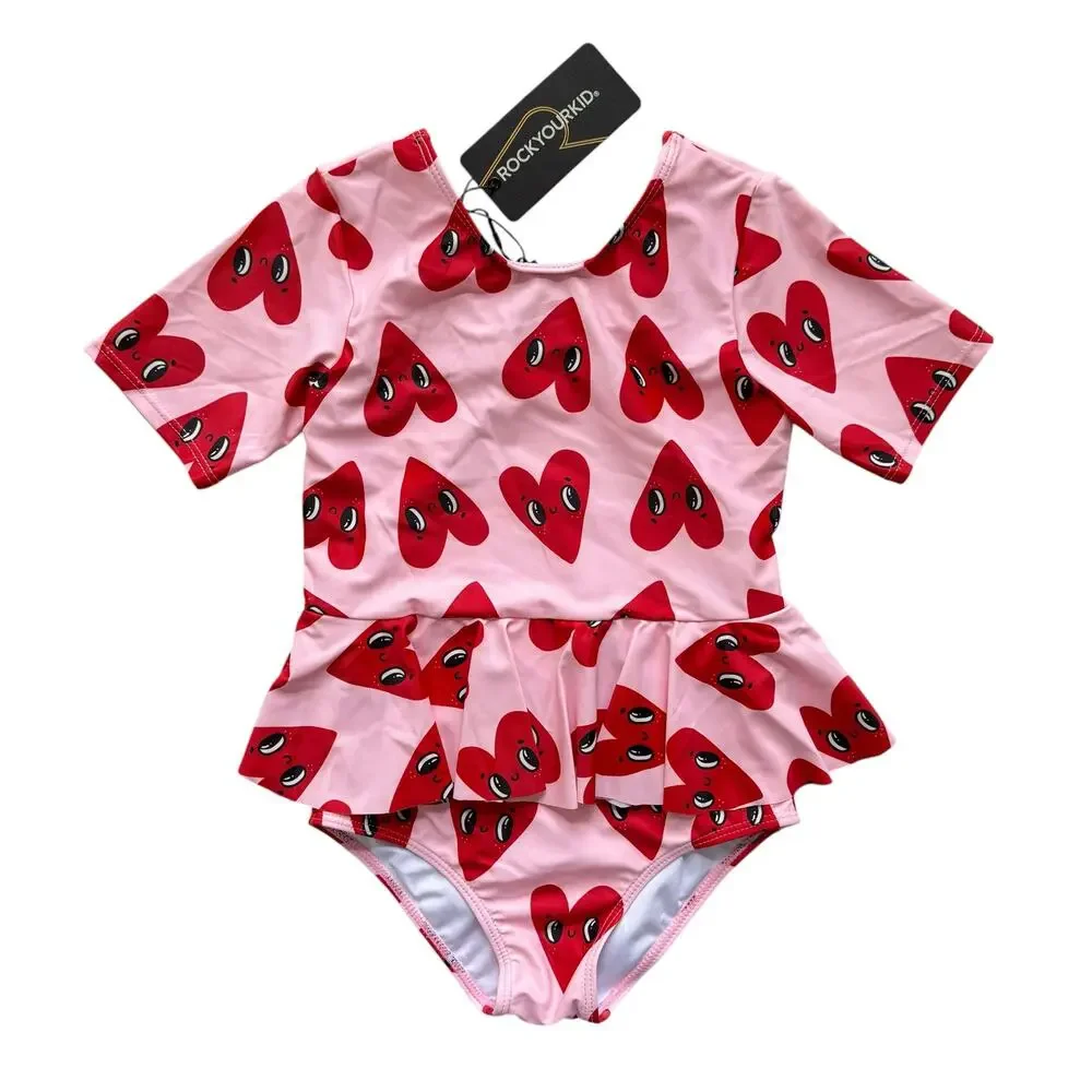 NWT Rock Your Baby Hearts Skirted Swimsuit + Cap Set Size 8
